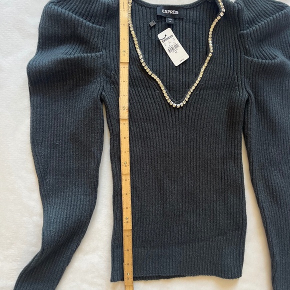 NWT Express Embellished Rhinestones V-Neck Puff Gray Sleeve Cocktail Sweater S - Picture 6 of 7
